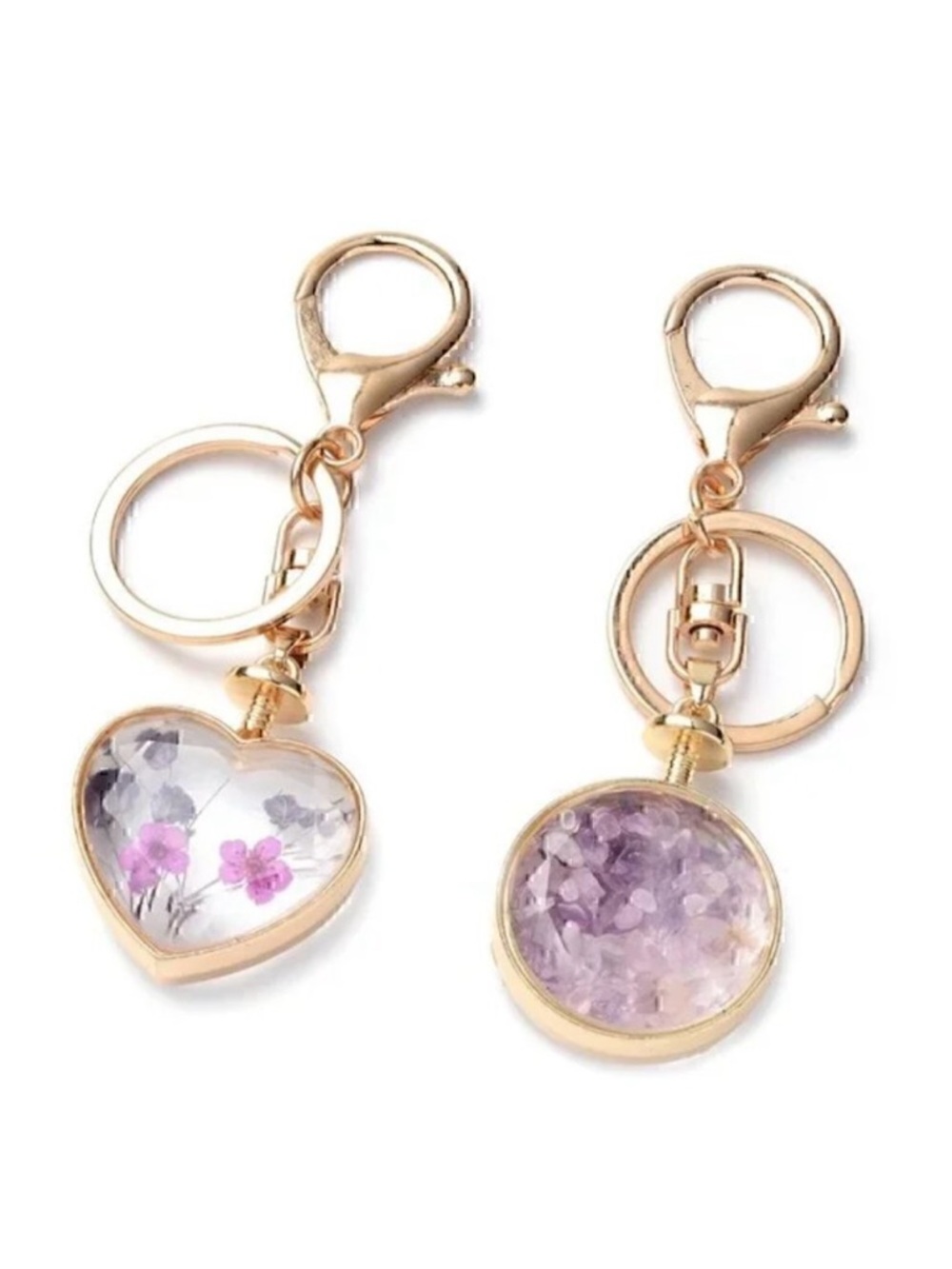 Set of 2 Keychains Amethyst Chips & Lavender Dried Flowers